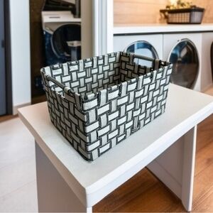 Textile STORAGE BASKET Grey White Rope Rectangular Storage Basket w Metal Hanger